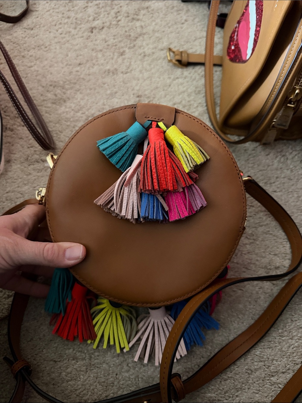 Rebecca Minkoff Tan Round Crossbody with Multicolor Tassels
